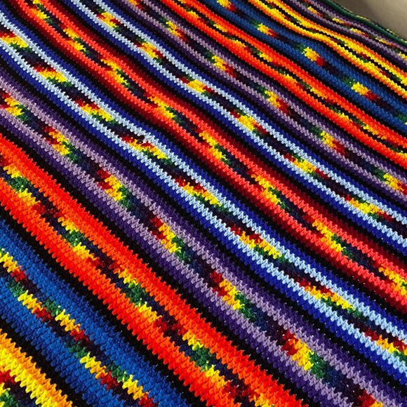 VTG Handmade Crochet Rainbow Striped Blanket Vibrant Multicolor 70x100in - Picture 15 of 16